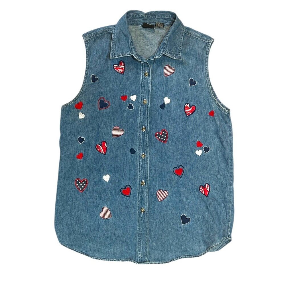 Quizz Again Women’s Denim Vest Embroidered Hearts Sleeveless Button Down‎ Sz L